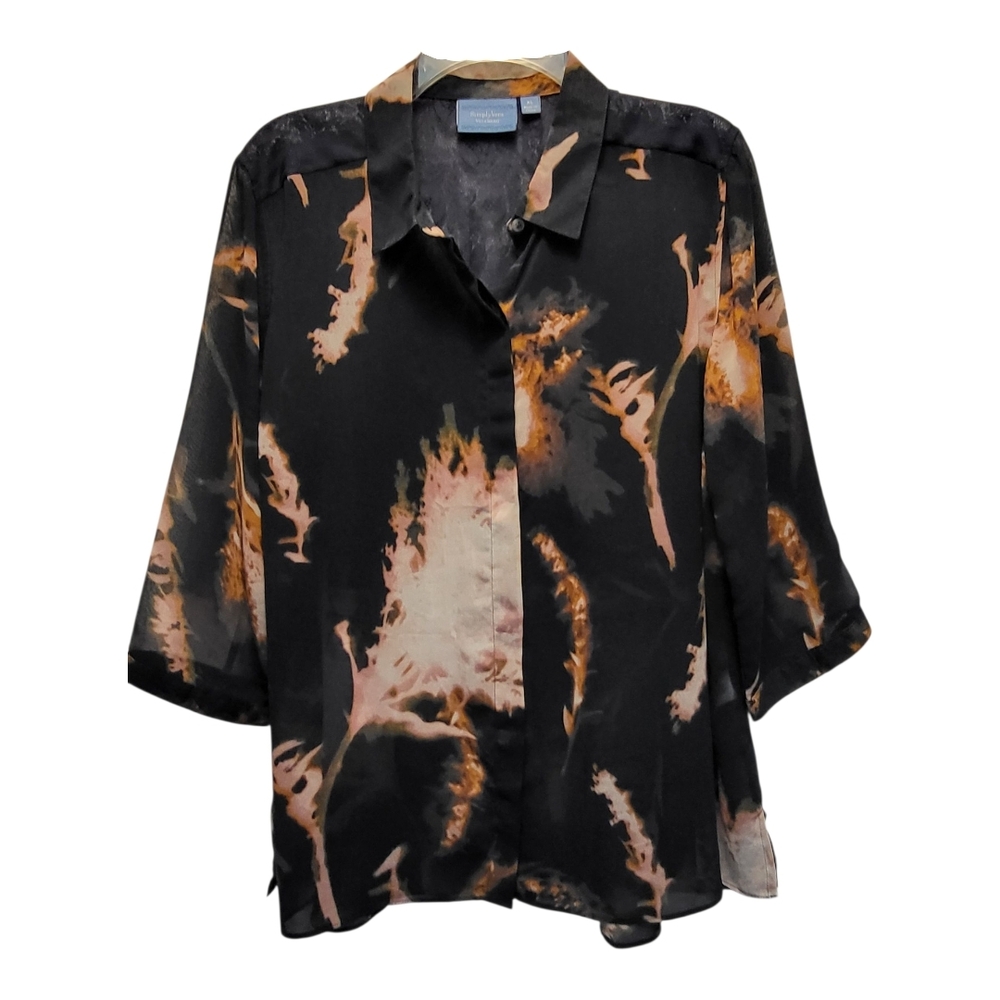 Simply Vera Vera Wang Black Pink Semi-Sheer Abstract Blouse 3/4 Sleeves- Size XL